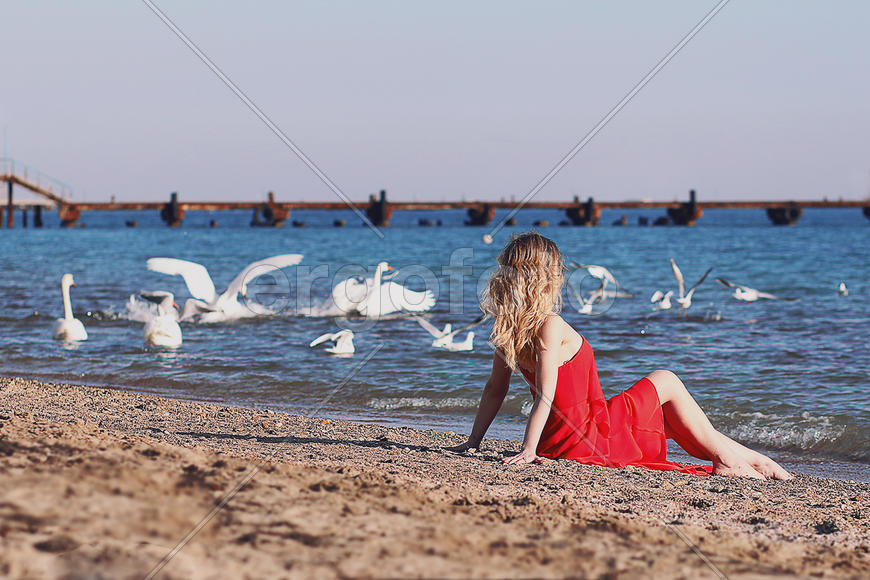 Девушка в красном на фоне птиц