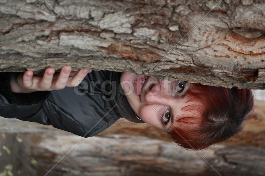 Девушка прячется за деревом