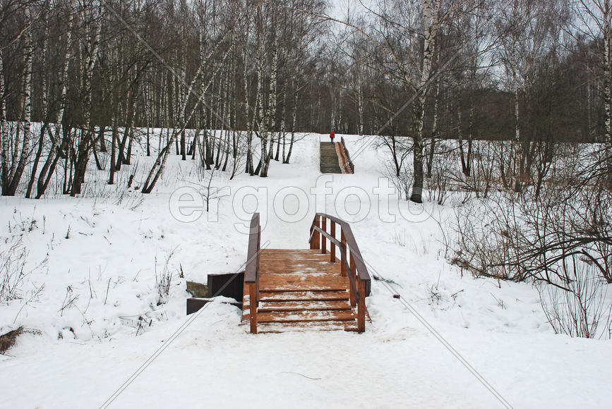 Мостик через речку и лестница в гору в московском парке Тропарево