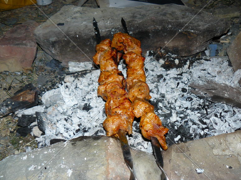 Shish kebab on a skewer. Preparation of a shish kebab in house conditions on a fire in the yard