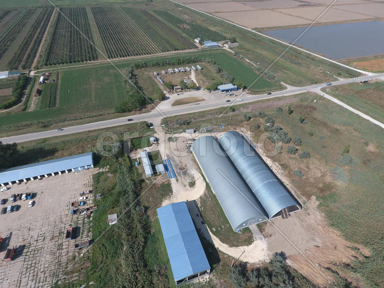 Top view of the hangars. Hangar of galvanized metal sheets for the storage of agricultural products 