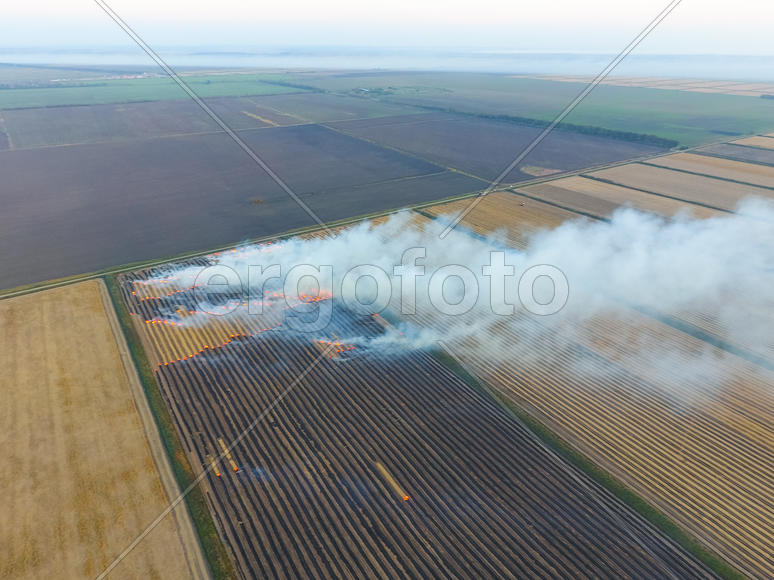 Сжигание рисовой соломы на полях. Дым от сжигания рисовой соломы
