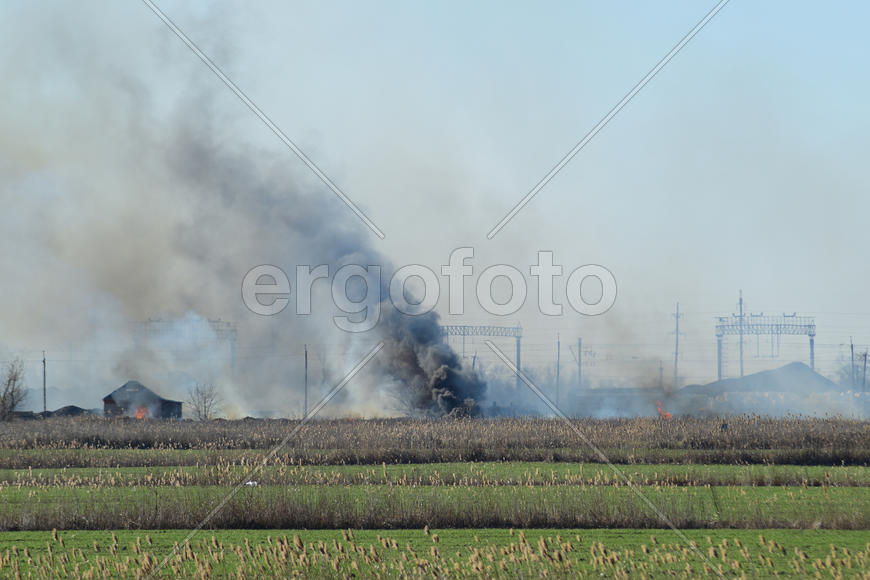 Fire on irrigation canals. Burning dry grass and cane fields in irrigation system. Burning debris