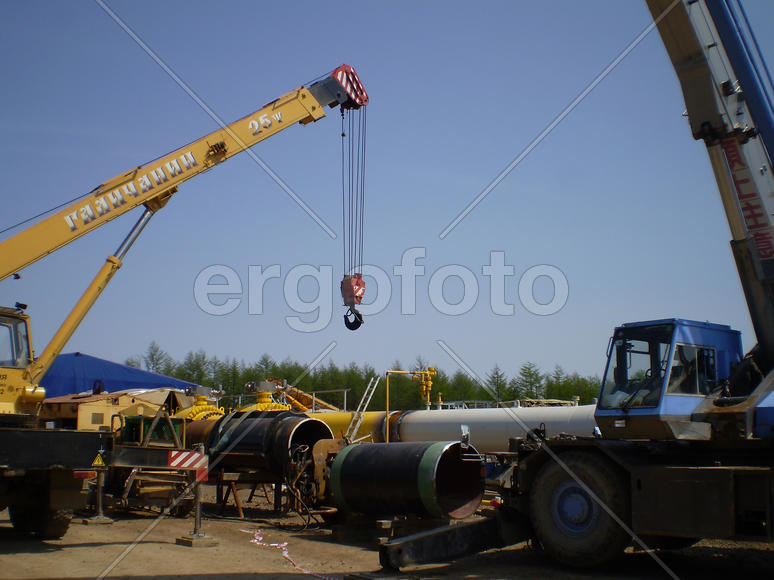 Sakhalin, Russia - 12 November 2014: Construction of the gas pipeline on the ground. Transportation