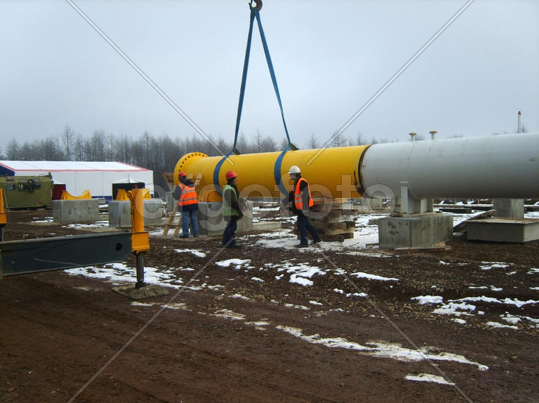 Sakhalin, Russia - 12 November 2014: Construction of the gas pipeline on the ground. Transportation