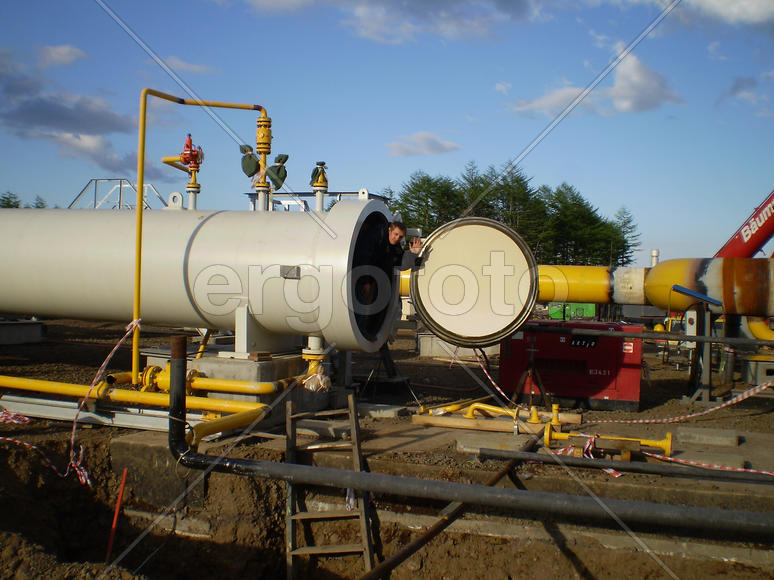 Sakhalin, Russia - 12 November 2014: Construction of the gas pipeline on the ground. Transportation