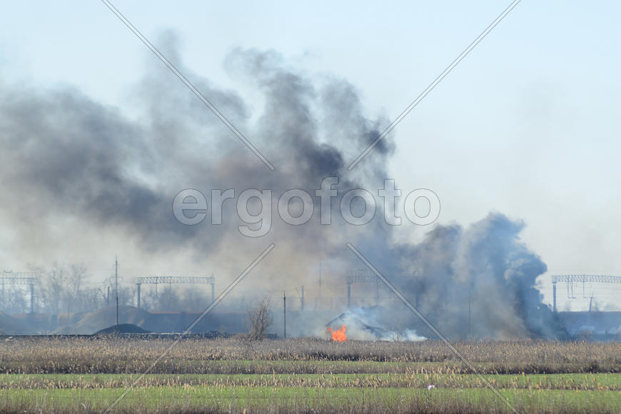 Fire on irrigation canals. Burning dry grass and cane fields in irrigation system. Burning debris