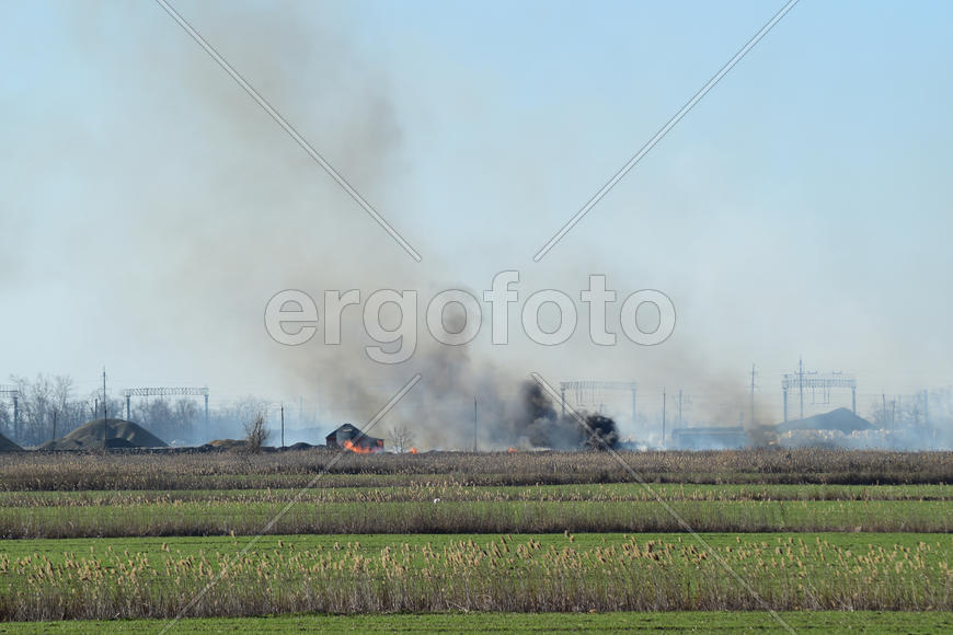 Fire on irrigation canals. Burning dry grass and cane fields in irrigation system. Burning debris