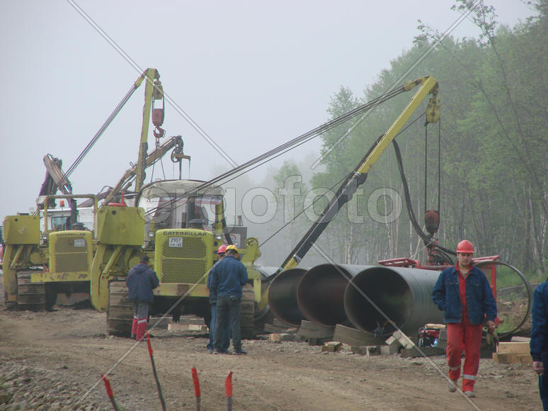 Sakhalin, Russia - 12 November 2014: Construction of the gas pipeline on the ground. Transportation 