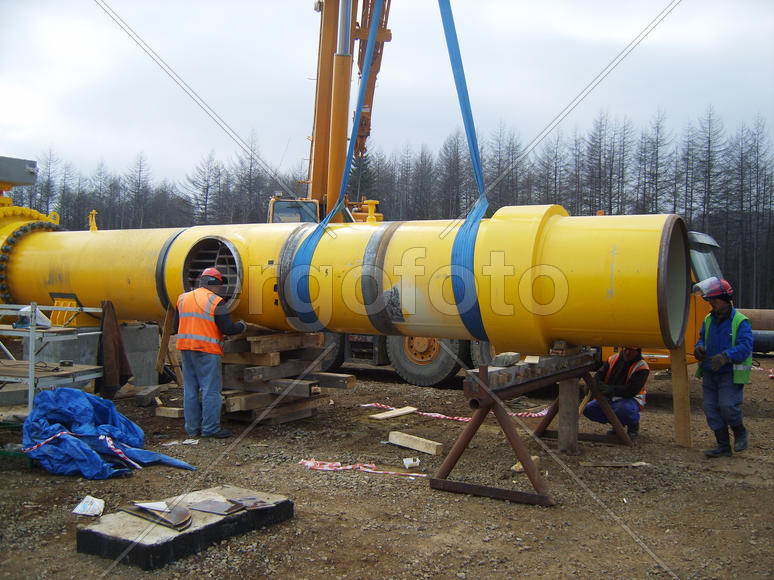 Sakhalin, Russia - 12 November 2014: Construction of the gas pipeline on the ground. Transportation 