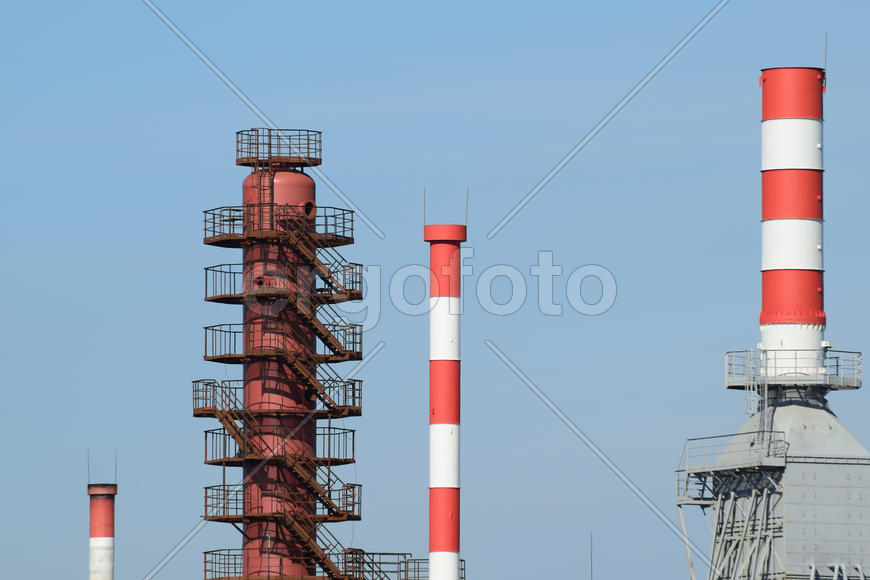 Pipes refinery furnaces and distillation column. The equipment at the refinery
