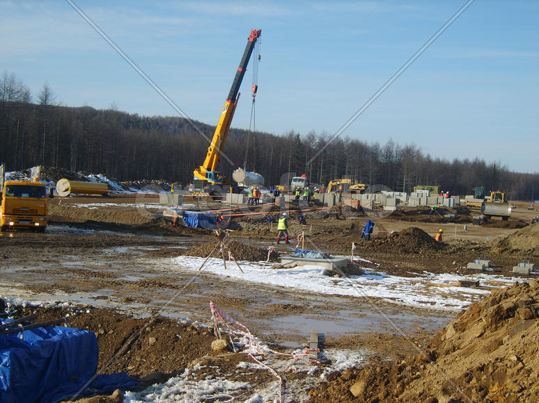 Sakhalin, Russia - 12 November 2014: Construction of the gas pipeline on the ground. Transportation