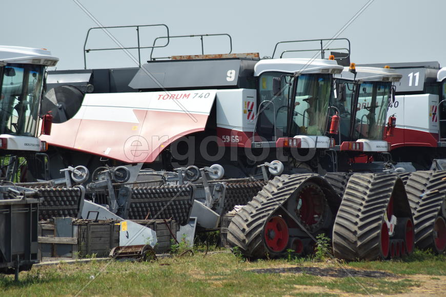 Russia, Poltavskaya village - September 6, 2015: Combine harvesters Torum. Agricultural machinery