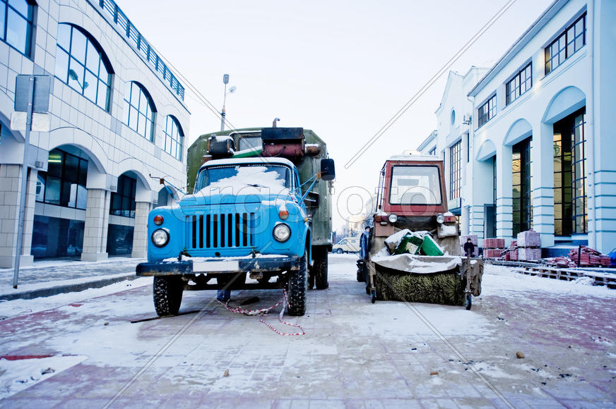 Road construction equipment on a pedestrian street in Tver