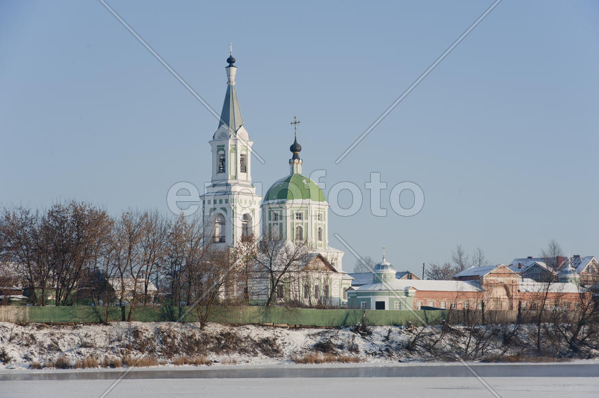 Church on the frozen banks of the Volga in Tver