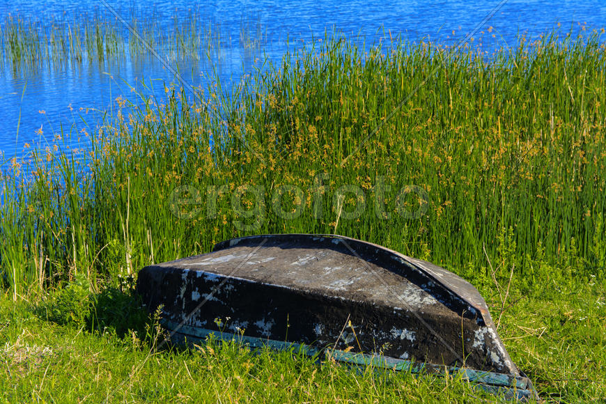  Старая деревянная лодка лежит на берегу красивого озера
