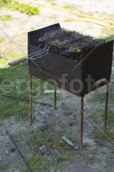 Barbecue in a private home. The meat on an open fire.