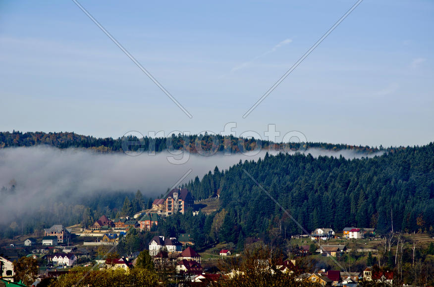 Foggy morning in Carpathians. Settlement Shidnitsa