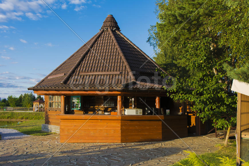 Bar on the shore of the lake near the forest. Family fun and fishing