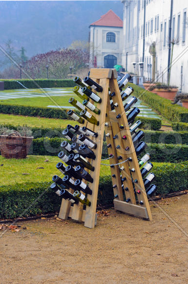 Wine bottles stacked in a pyramid