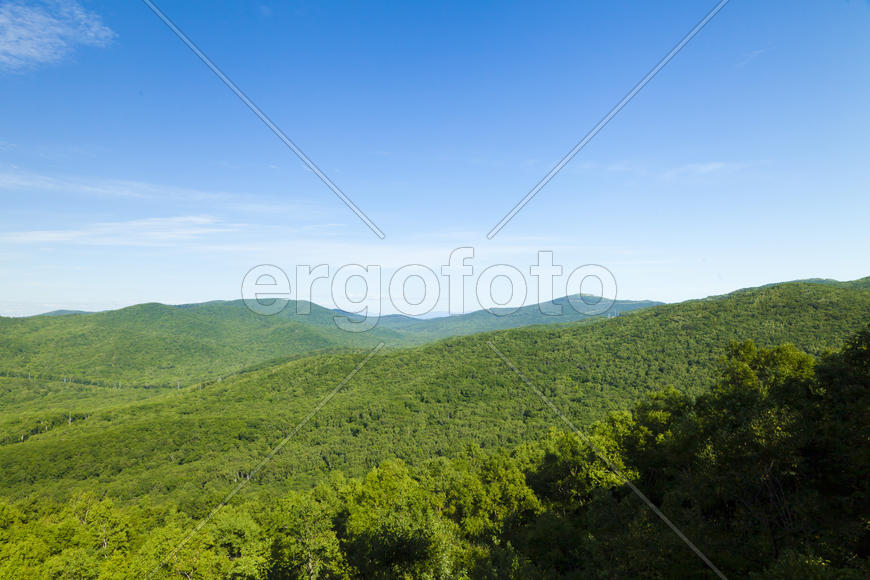 Green hills under the blue sky in beams of a bright sun