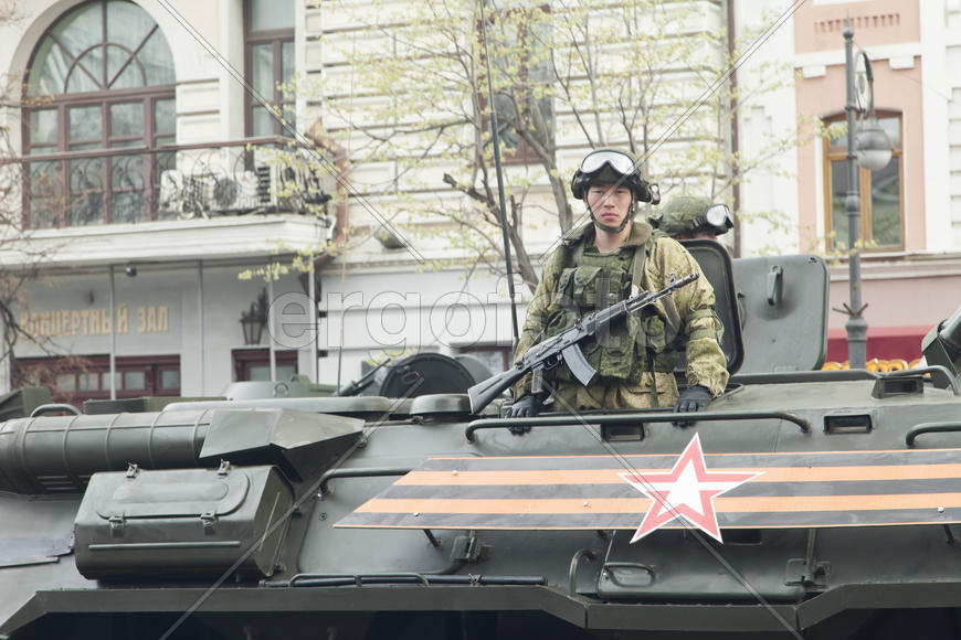 Military on parade show power of the Russian army and readiness to protect the country