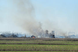 Fire on irrigation canals. Burning dry grass and cane fields in irrigation system. Burning debris