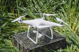 Quadrocopters on a plastic box among the wheat stalks