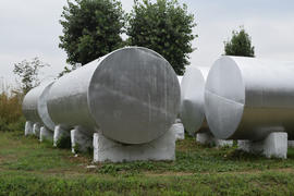 Silver tanks for storage of fertilizers. Agricultural buildings