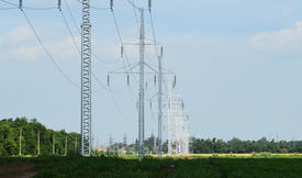 Power line support, insulators and wires. Appearance of a design
