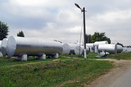 Silver tanks for storage of fertilizers. Agricultural buildings