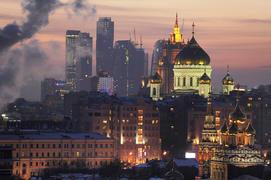 View of the Christ the Savior Cathedral and business center in the evening
