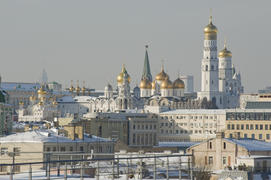 View of the Kremlin, Ivan the Great bell tower and the Cathedral of the Assumption in winter