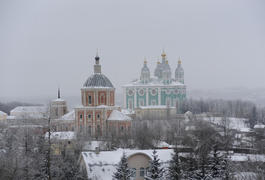 Winter view of the Smolensk cathedral from the castle wall in winter