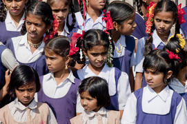 Indian schoolgirls walking in Mumbai