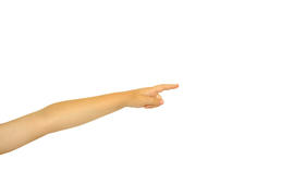 Протянутая рука с указательным пальцем на белом фоне.