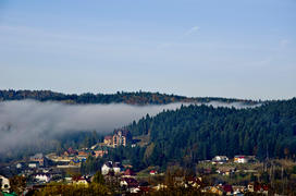 Foggy morning in Carpathians. Settlement Shidnitsa
