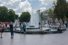 Urban landscape. Fountain in the park of the city