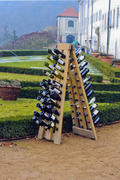 Wine bottles stacked in a pyramid