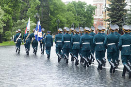 Soldiers on march in smart regimentals go for parade
