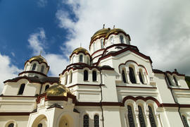 The orthodox church sparkles on the sun the gold domes
