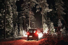 Машина едет зимой по ночному лесу