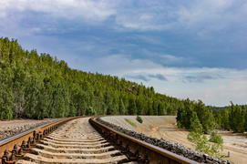 Железнодорожный пути на фоне лесного массива днём, Россия
