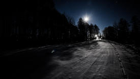 Зимний вечер. Вид на дорогу в лесу.